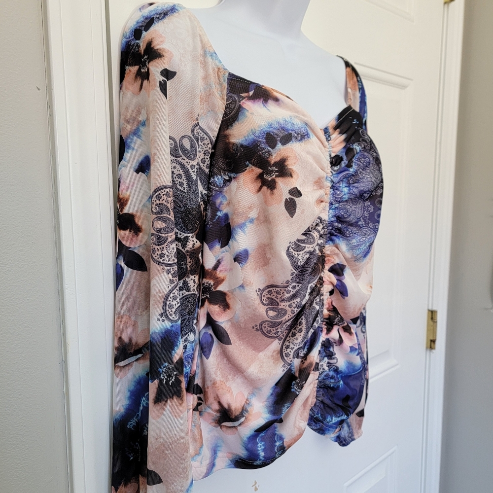 Boston Proper Ruched Off The Shoulder Blue Cream Watercolor Paisley Blouse Med - Picture 2 of 9